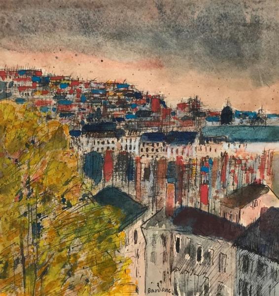 Guy BARDONE (1927-2015) Vue de ville Encre et aquarelle: Guy BARDONE (1927-2015) Vue de ville Encre et aquarelle sur papier Signé en bas vers le centre 26 x 25 cm