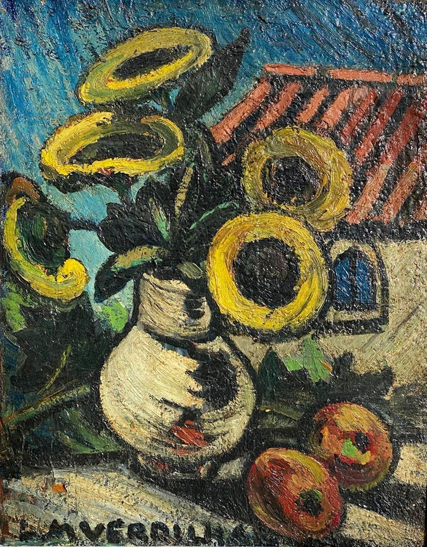 Louis Mathieu VERDILHAN (1875-1928) Nature morte: Louis Mathieu VERDILHAN (1875-1928) Nature morte Huile sur panneau. Signé en bas à gauche . Etude de bouquet au dos 53 x 42 cm (léger décollement de matière)
