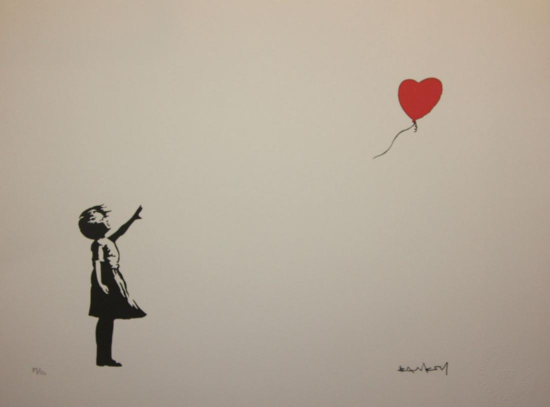 BANKSY (1974), d’après: Girl with balloon Épreuve en couleurs sur papier. Signé dans la planche, cachet de l'éditeur en bas à droite et numérotée (n°79/150) en bas à gauche37,5 x 28cmNB: certificat de l'éditeur au d