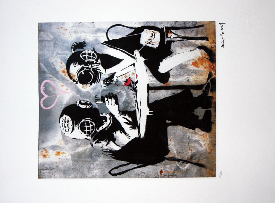 BANKSY (1974), d’après: Think Tank Épreuve en couleurs sur papier Signé dans la planche, cachet de l'éditeur en bas à droite et numérotée (n°100/ 150) en bas à gauche 37,5 x 28 cm NB: Certificat de l'éditeur au dos