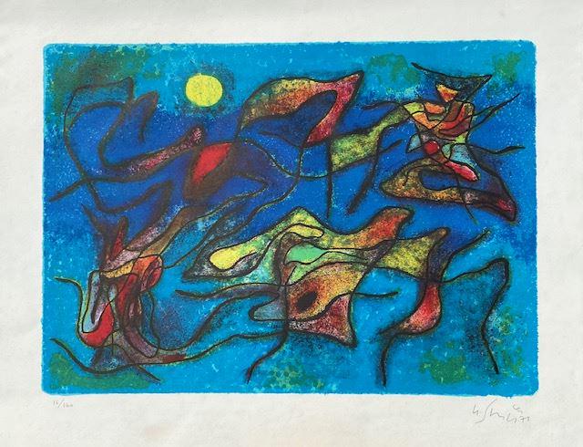 Gustave SINGIER (1909-1984): Fond bleu - 1971 Lithographie en couleurs sur papier. Signé et daté en bas à droite et numéroté 16/100 en bas à gauche 51 x 65 cm
