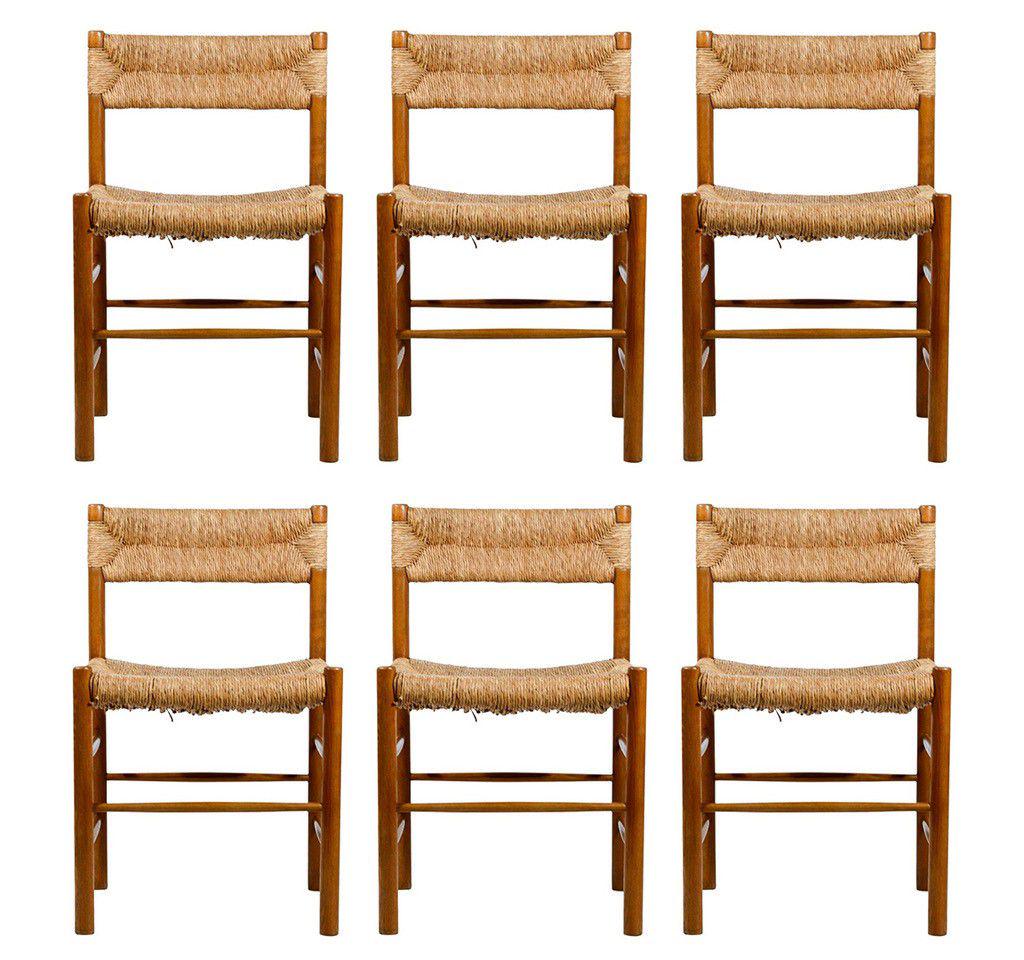 Charlotte PERRIAND (1903-1999) Suite de six chaises: Charlotte PERRIAND (1903-1999) Suite de six chaises modèle "Dordogne" - Vers 1960 Bois et assises paillées 77 x 47 x 44 cm * Vendu sur désignation (disponible à l’étude