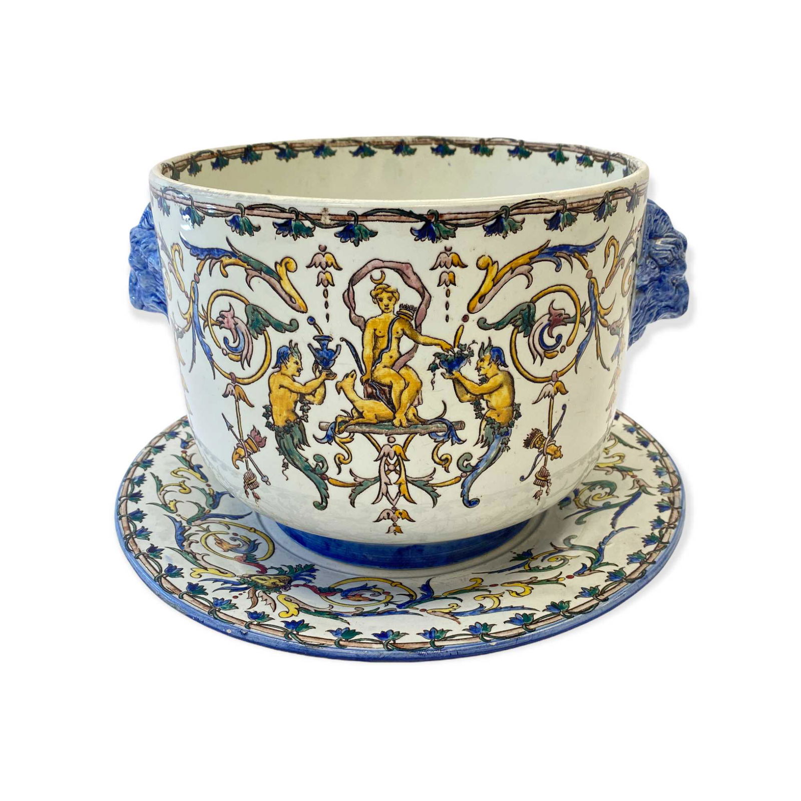 GIEN Cache pot et sa soucoupe en faïence 18 x 29 cm: GIEN Cache pot et sa soucoupe en faïence 18 x 29 cm