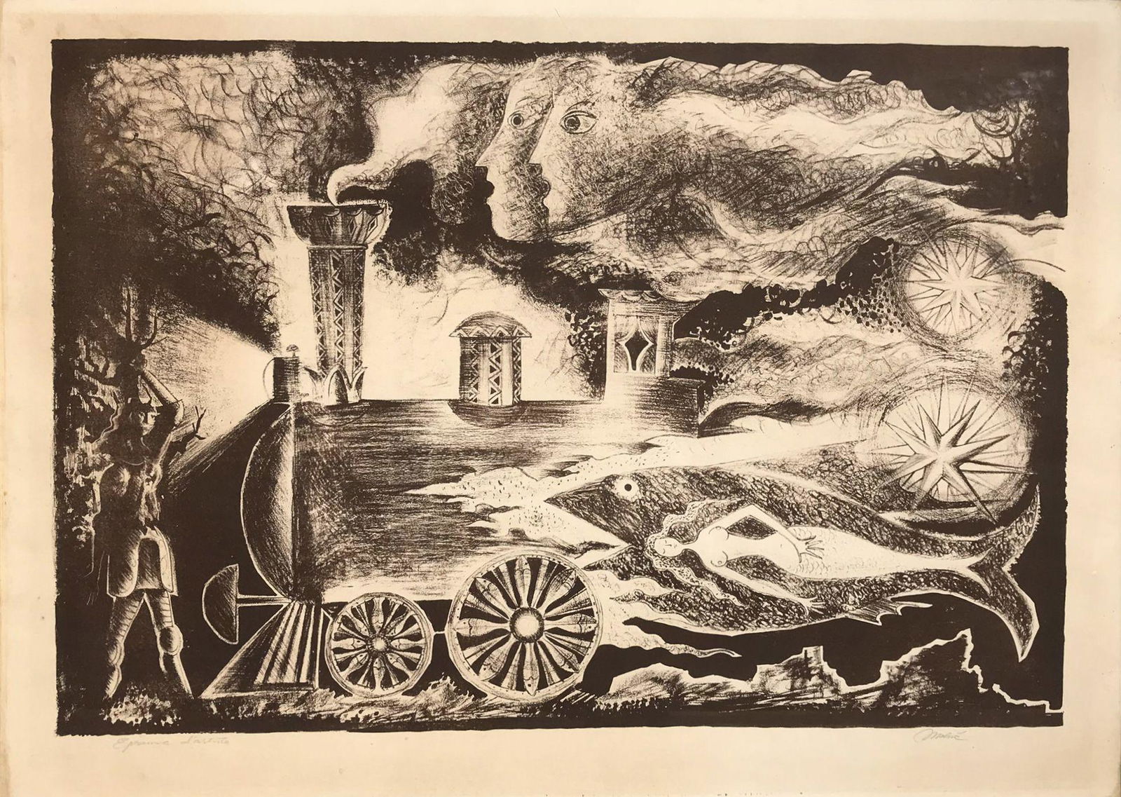 Luis Vidal MOLNÉ (1907-1970) Locomotive surréaliste Lithographie en noir sur papier.: Luis Vidal MOLNÉ (1907-1970) Locomotive surréaliste Lithographie en noir sur papier. Signé au crayon en bas à droite et justifié Epreuve d'artiste en bas à gauche 55 x 75