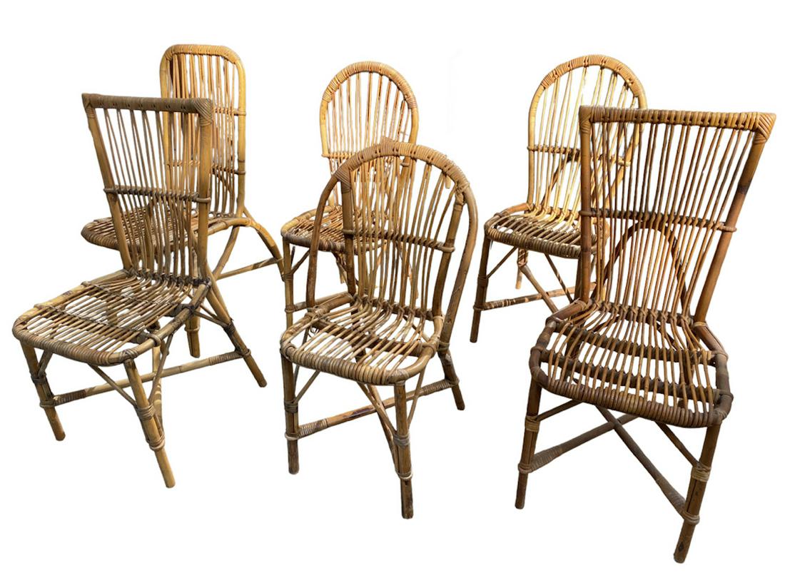 AUDOUX & MINET - 6 CHAISES DÉPAREILLÉES EN ROTIN: Adrien AUDOUX & Frida MINET (XX) à Golfe Juan Ensemble de six chaises dépareillées en rotin Plaque de l'éditeur Provenance : Succession de Monsieur Pierre Bianchi - Propriétai