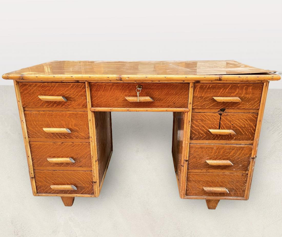 AUDOUX & MINET - BUREAU À CAISSONS EN ROTIN ET FORMICA (1 of 2)