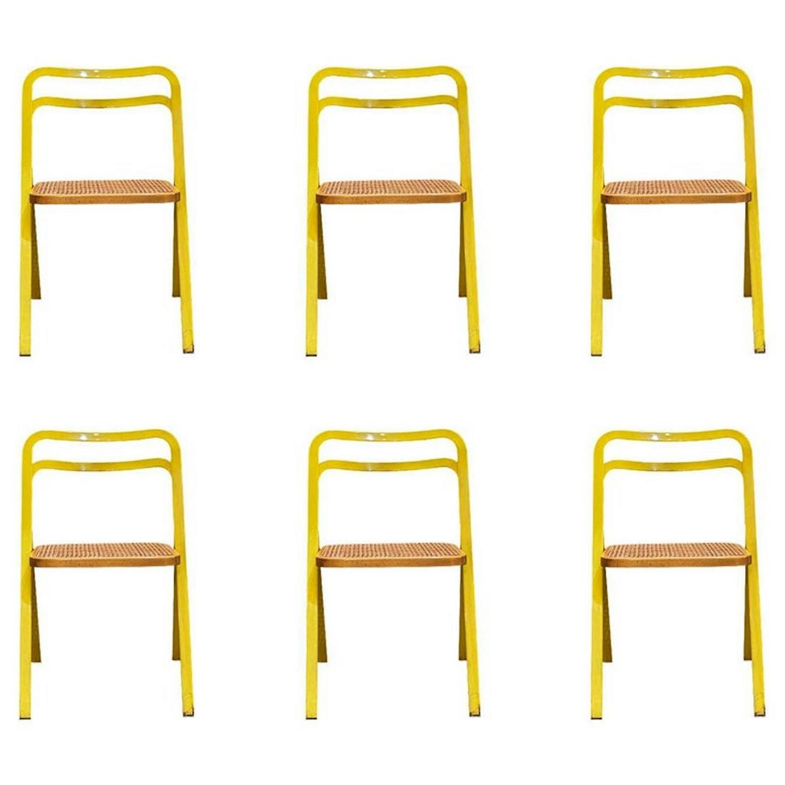 CATTELAN - 6 CHAISES PLIABLES: Giorgio CATTELAN (XX) pour Cidue, Suite de six chaises pliable en métal et cannage - Vers 1970 50 x 49 x 78 cm * Vendu sur désignation