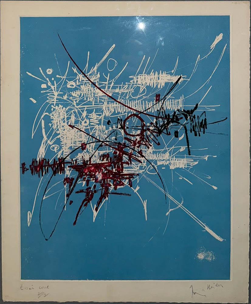 MATHIEU - SANS TITRE: Georges Mathieu (1921-2012) Sans titreEau-forte et aquatinte sur papier vÃ©lin, toutes marges. SignÃ© et justifiÃ© "essai coul 2/2" au crayonDimension : sans cadre 46 Ã— 37,6 cm - encadrÃ©