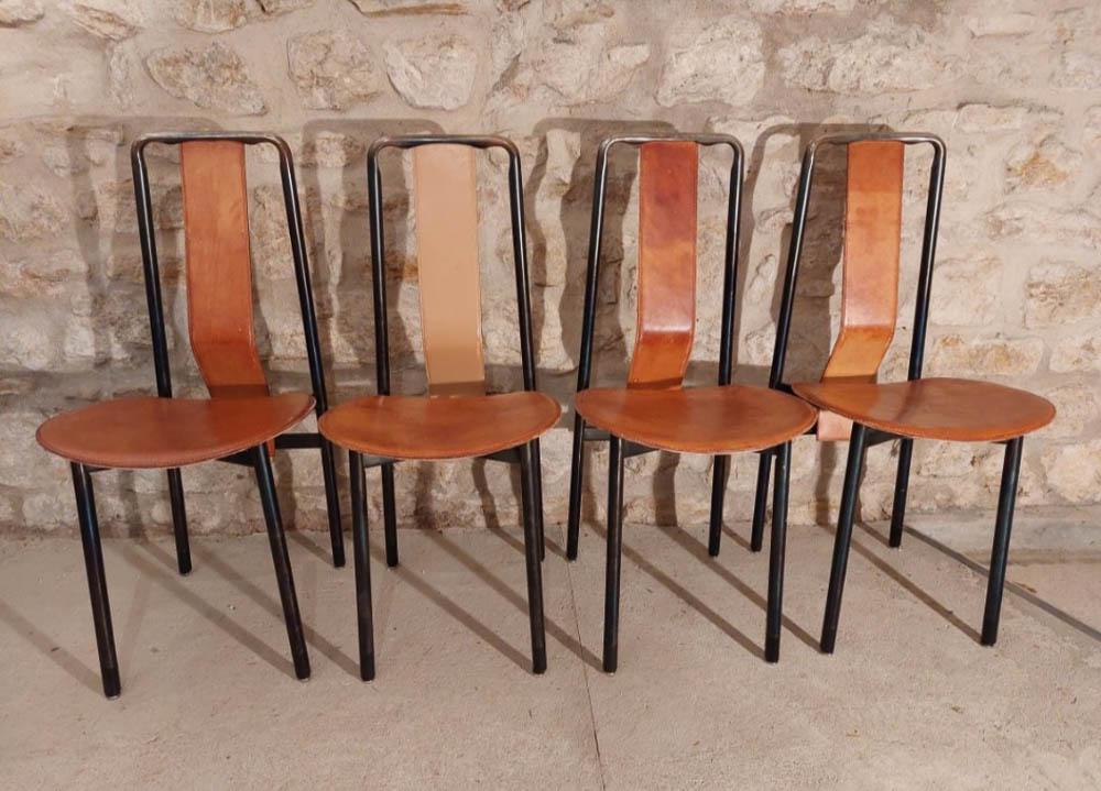 CASTIGLIONI - 4 CHAISES MODÃˆLE "IRMA": Achille CASTIGLIONI (1918-2002) - Edition Zanotta, vers 1980Suite de quatre chaises modÃ¨le Irma en mÃ©tal et cuir.*Vendu sur dÃ©signation