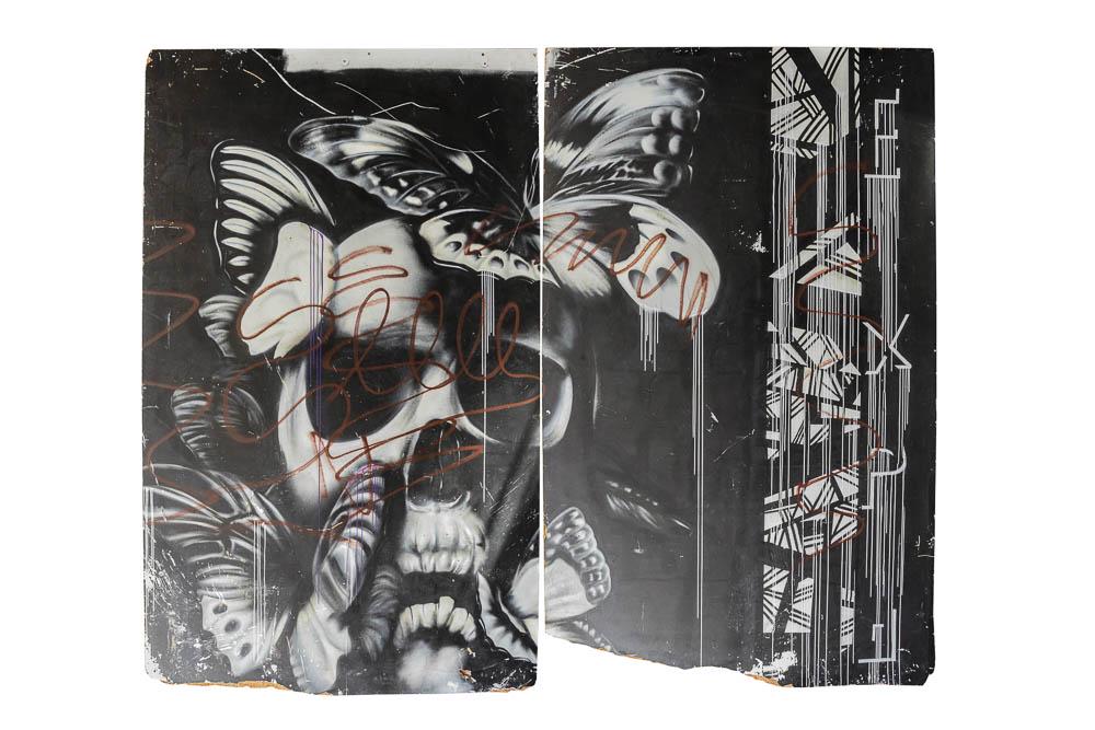 ANONYME - CRÃ‚NE, HOMMAGE Ã€ PHILIPPE PASQUA: ANONYME (XX)CrÃ¢ne, hommage Ã Philippe PasquaPaire de panneaux, peinture aÃ©rosol186 x 310 cm *Vendu sur dÃ©signation