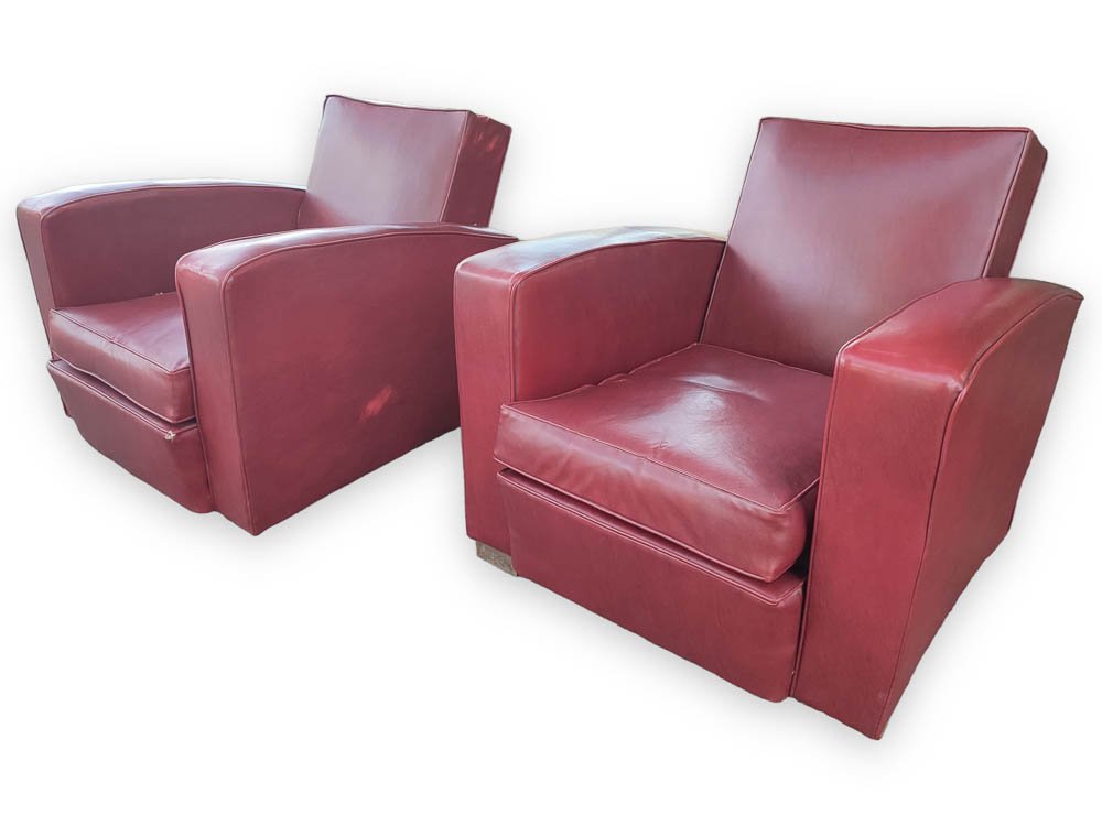 Jacques ADNET (1900-1984), attribuÃ© Ã  Paire de larges fauteuils en skaÃ¯ rouge reposant sur de (1 of 1)