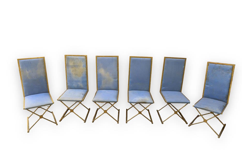 Suite de six chaises en mÃ©tal dorÃ© garnies de tissu bleu AnnÃ©es 1970 43 x 47 x 104 cm *Vendu sur: Suite de six chaises en mÃ©tal dorÃ© garnies de tissu bleuAnnÃ©es 197043 x 47 x 104 cm *Vendu sur dÃ©signation