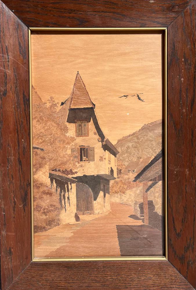 SPINDLER - VUE DE KAYSERSBERG: Charles SPINDLER (1865-1938)Panneau en marqueterie Vue de Kaysersberg. SignÃ©50 x 30 cm