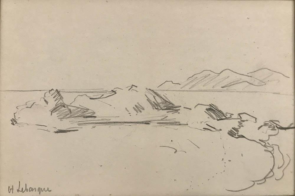 LEBASQUE - CÔTE ROCHEUSE: Henri LEBASQUE (1865-1937)Côte rocheuseMine de plomb sur papier. Signé en bas à gauche. 15 x 11 cm (cadre Delf)* Vendu sur désignation