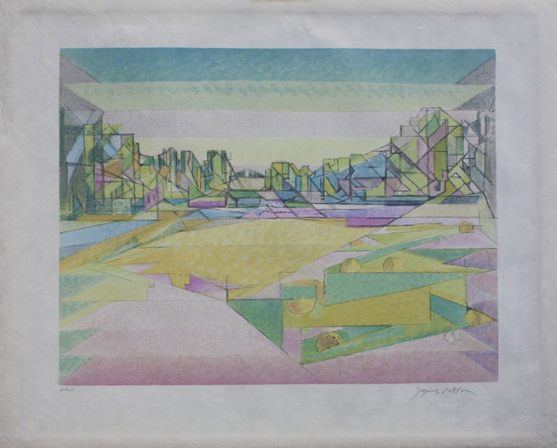 Jacques VILLON (1875-1963) Vue d’architecture Lith: Jacques VILLON (1875-1963) Vue d’architecture Lithographie en couleurs sur papier japon. Signé en bas à droite. Justifié EA en bas à gauche. 42 x 52 cm (déchirure sur le côté gauche)