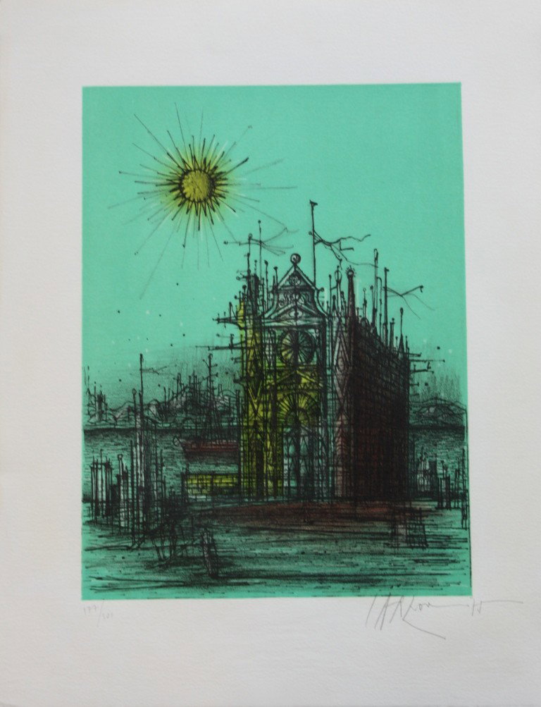 Jean CARZOU (1907-2000) L’église en bord de mer, 1: Jean CARZOU (1907-2000) L’église en bord de mer, 1975. Lithographie en couleurs sur papier. Signé et daté en bas à droite. Numéroté 177/300. 42 x 32,8 cm