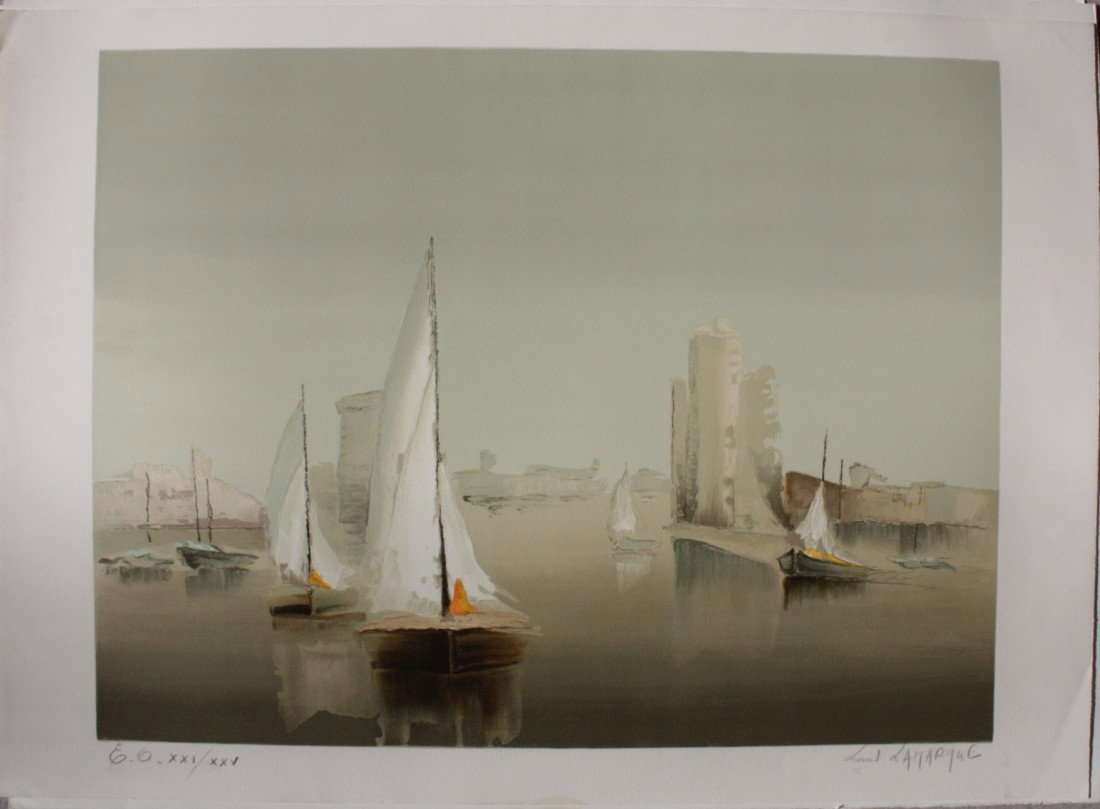 Louis LAMARQUE (1912) "La rochelle" Lithographie e: Louis LAMARQUE (1912) "La rochelle" Lithographie en couleurs sur papier. Signé en bas à droite. Justifié EA 21/25 en bas à gauche. 54,5 x 76 cm