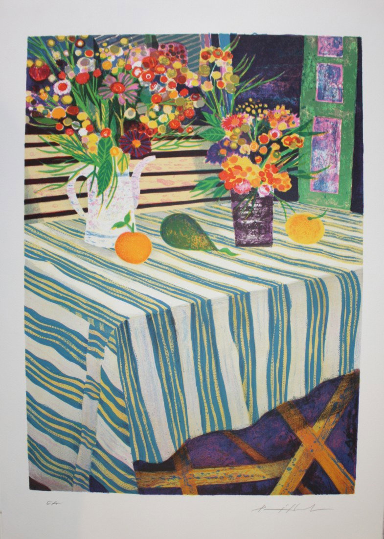 Jean Pierre POPHILLAT (1937) "La nappe rayée" Li: Jean Pierre POPHILLAT (1937) "La nappe rayée" Lithographie en couleurs sur papier. Signé en bas à droite. Justifié EA en bas à gauche. 76 x 64 cm