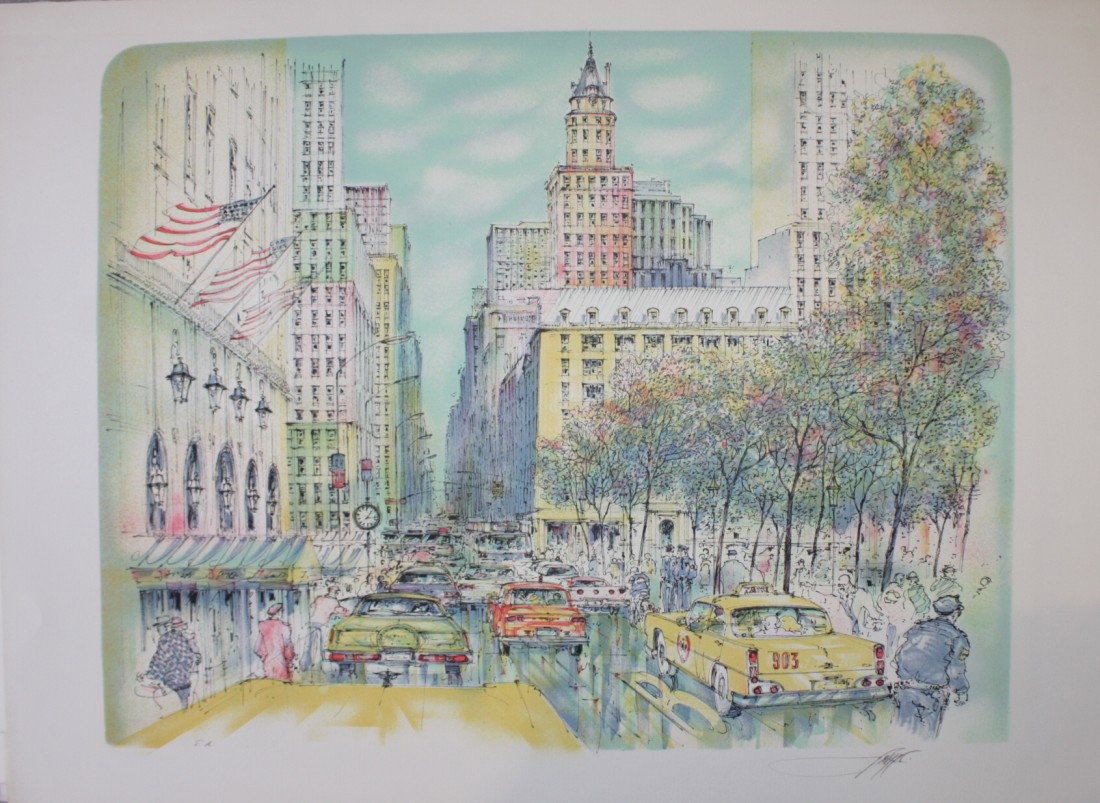 Rolf RAFFLEWSKI (1943) "La 5ème avenue à New Yor: Rolf RAFFLEWSKI (1943) "La 5ème avenue à New York" Lithographie en couleurs sur papier. Signé en bas à droite. Justifié EA en bas à gauche. 54 x 76 cm