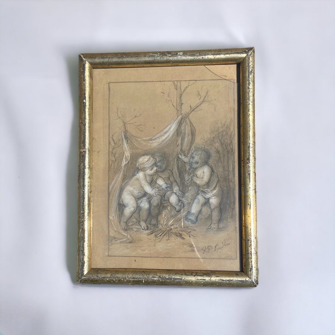 PRUD'HON - TROIS ENFANTS AUTOUR D'UN FEU: Pierre-Paul PRUD'HON (1758-1823)Trois enfants autour d'un feuPierre noire et craie sur papier brun. SignÃ© en bas Ã droite.30 x 22 cm