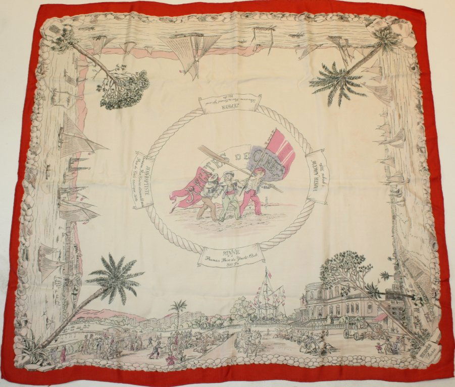 HERMES - Foulard en soie imprimée titré "Régates d: HERMES - Foulard en soie imprimée titré "Régates de Cannes". Etat d'usage. 87 x 87 cm