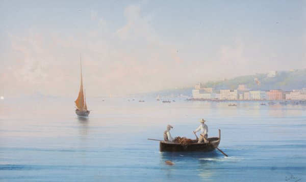 Gioacchino LA PIRA (act.1839-1870) Le Golfe de Nap: Gioacchino LA PIRA (act.1839-1870) Le Golfe de Naples Gouache sur papier Signé en bas à droite 19,5 x 32,5 cm
