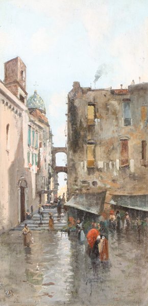 Oscar RICCIARDI (1864-1935), attribué à Place à Na: Oscar RICCIARDI (1864-1935), attribué à Place à Naples Huile sur panneau 30,5 x 15 cm
