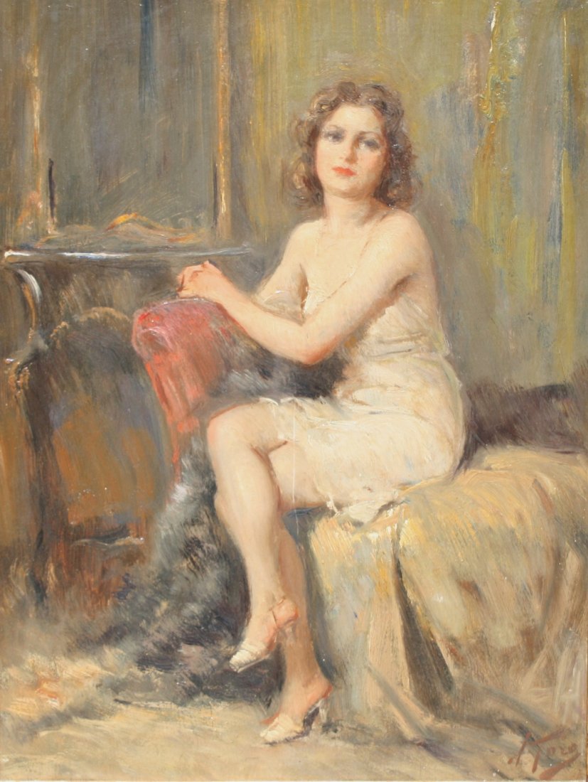Attilio TORO (1892-1982) Portrait de jeune femme: Attilio TORO (1892-1982) Portrait de jeune femme à la méridienne Huile sur panneau Signé en bas à droite 40 x 30 cm