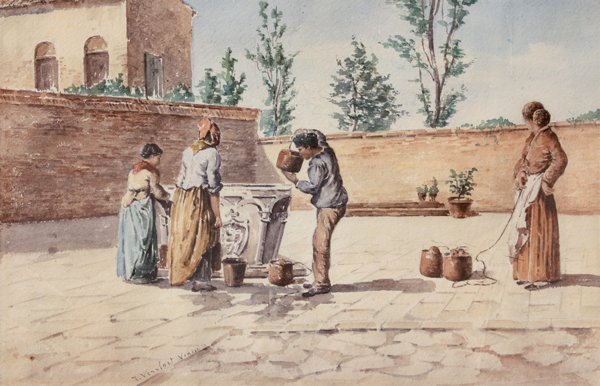 Joannes Josephus VERVLOET (1790-1869) Personnages: Joannes Josephus VERVLOET (1790-1869) Personnages devant un puits - Venise Aquarelle sur papier Signé et situé en bas vers la gauche 23 x 36 cm