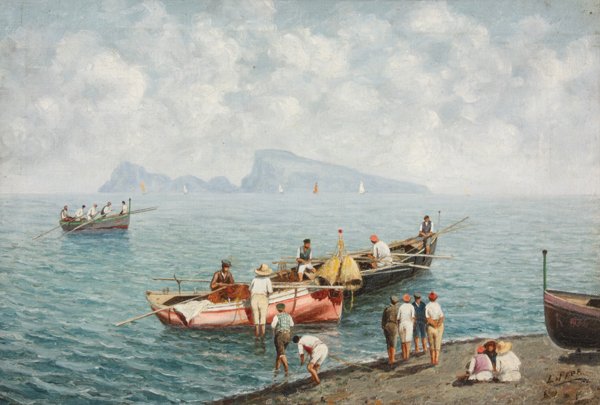 Luigi PAPA Pêcheurs napolitains et vue de Capri H: Luigi PAPA Pêcheurs napolitains et vue de Capri Huile sur toile Signé en bas à droite 29 x 44 cm