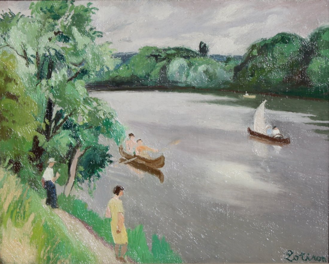 Robert LOTIRON (1886-1966) Les loisirs en bord de: Robert LOTIRON (1886-1966) Les loisirs en bord de rivière (Seine ?) Huile sur toile. Signé en bas à droite. 33 x 41 cm