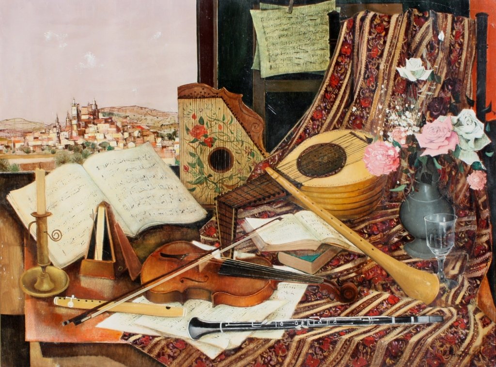 Robert VERNET-BONFORT (1934) Nature morte aux ins: Robert VERNET-BONFORT (1934) Nature morte aux instruments de musique Huile sur toile. Signé en bas à droite 95 x 131 cm