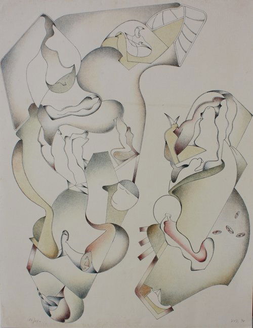 Jan VOSS (1936) Composition aux masques - 1974 Lit: Jan VOSS (1936) Composition aux masques - 1974 Lithographie en couleurs sur papier. Signé et daté en bas à droite. Numéroté 186/250 en bas à gauche. 65 x 50 cm.