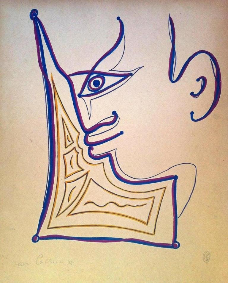 Jean COCTEAU ( 1889 - 1963 ) Profil Lithographie en: Jean COCTEAU ( 1889 - 1963 ) Profil Lithographie en couleurs sur papier marouflé sur carton. Signé en bas à gauche. Justifié E.A 49/ 50 en bas à gauche 57 x 46 cm