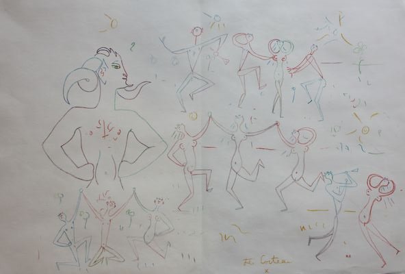 Jean COCTEAU ( 1889 - 1963 ) Bacchanales Lithographie: Jean COCTEAU ( 1889 - 1963 ) Bacchanales Lithographie en couleurs sur papier. Signé en bas vers la droite ( planche ) 38 x 56,5 cm