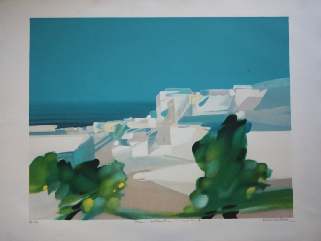 Freddy DEFOSSEZ ( 1932 ) Au bord de la Méditerranée: Freddy DEFOSSEZ ( 1932 ) Au bord de la Méditerranée Lithographie en couleurs sur papier. Signé en bas à droite. Justifié E.A en bas à gauche. 56 x 76 cm ( légère coupure )