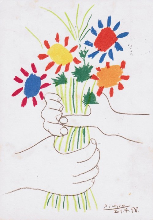 Pablo PICASSO ( 1881 - 1973 ) Bouquet pour la paix -: Pablo PICASSO ( 1881 - 1973 ) Bouquet pour la paix - 1958 Lithographie en couleurs sur papier. Signé et daté en bas à droite ( planche) 65 x 50 cm