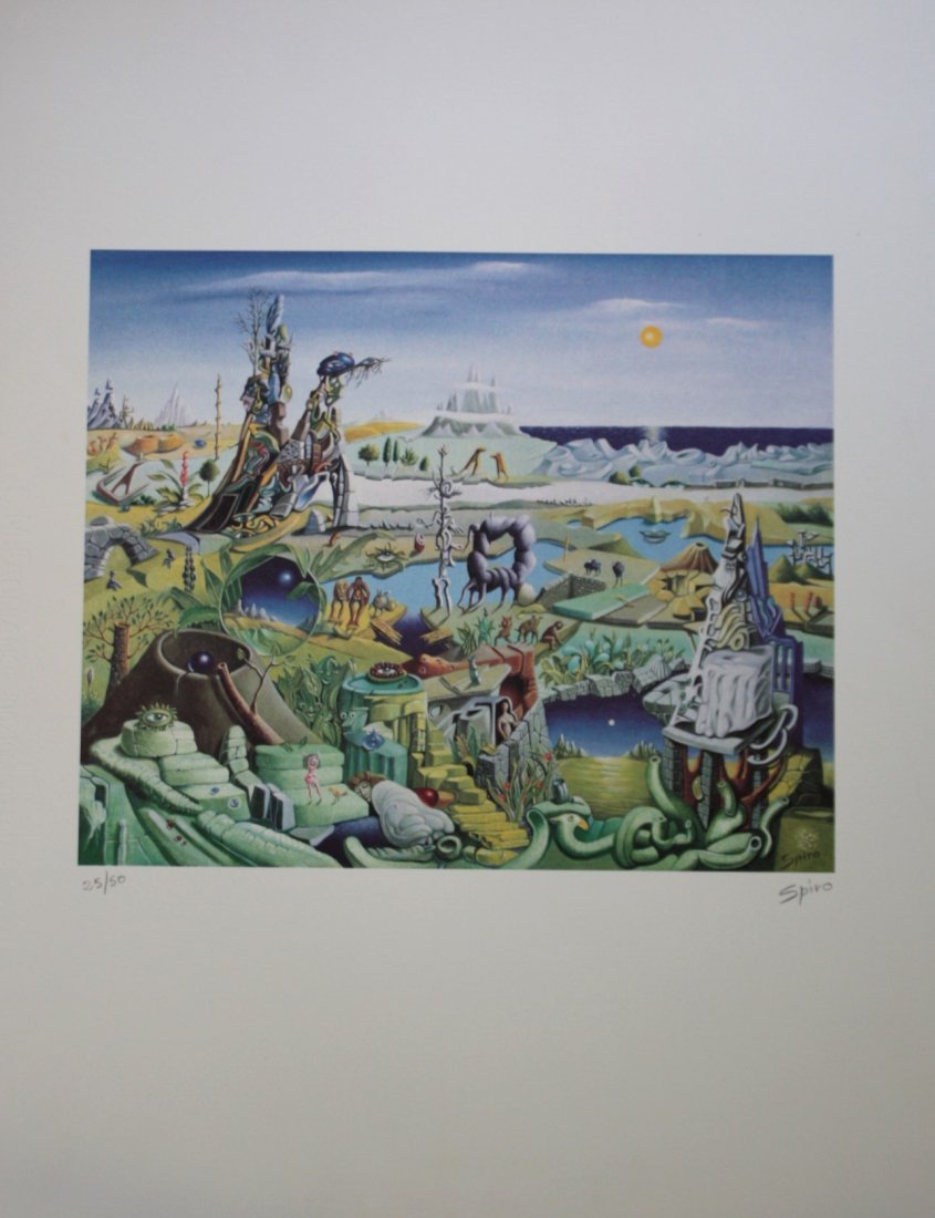 George SPIRO ( 1909 - 1994 ) Paysage fantastique: George SPIRO ( 1909 - 1994 ) Paysage fantastique Impression Offset en couleurs sur papier ; Signé en bas à droite . Numéroté 25/50 en bas à gauche 68 x 52 cm