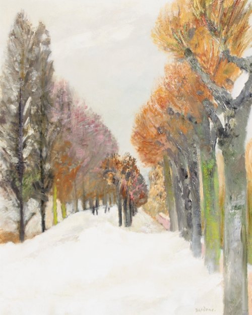 Guy BARDONE (1927) Allée enneigée Huile sur toile.: Guy BARDONE (1927) Allée enneigée Huile sur toile. Signé en bas à droite. 81 x 65 cm