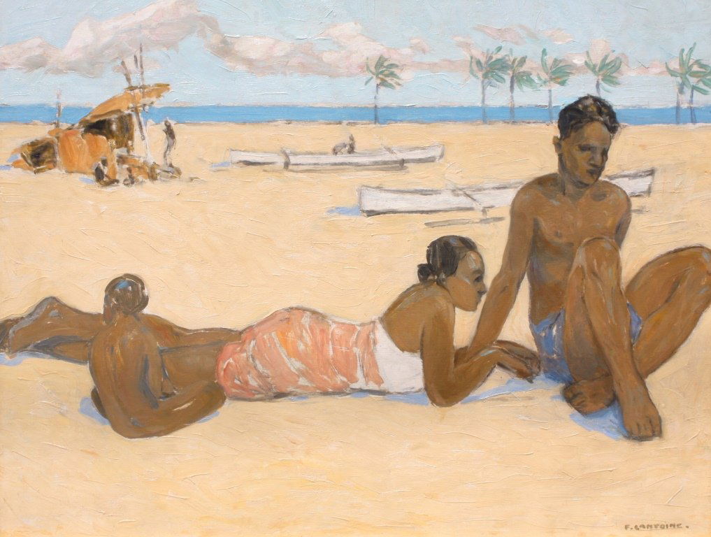 Fernand LANTOINE (1876/78-c.1955) Scène de plage dans: Fernand LANTOINE (1876/78-c.1955) Scène de plage dans les îles Huile sur panneau. Signé en bas à droite. 50,5 x 65 cm