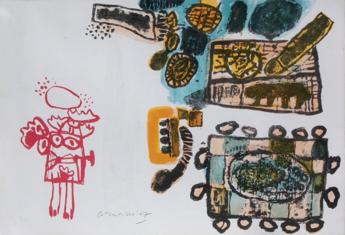 CORNEILLE (1922-2010) Composition aux personnages roug: CORNEILLE (1922-2010) Composition aux personnages rouges - 1967 Lithographie en couleur sur papier signé et daté en bas vers la gauche. Justifié HC en bas à gauche 38 x 55,5 cm