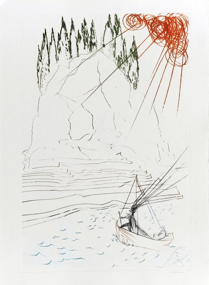 Salvador DALI (1904-1989) Le Combat de Morhoult de la s: Salvador DALI (1904-1989) Le Combat de Morhoult de la série "Tristan et Iseult" Gravure à la poupée en couleurs sur Rives Signé en bas à droite. Numéroté 65/115 en bas à gauche. • Année d��