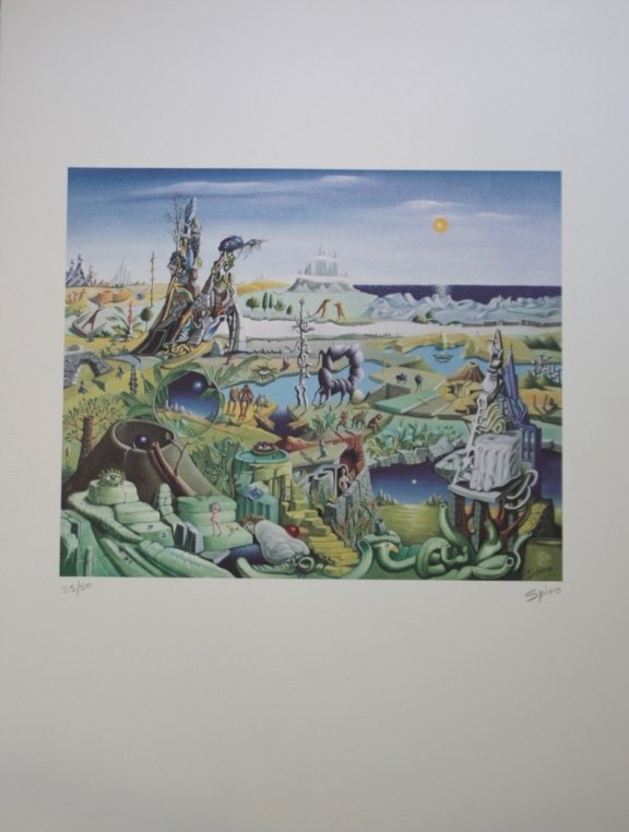 George SPIRO ( 1909 - 1994 ) Paysage fantastique Impre: George SPIRO ( 1909 - 1994 ) Paysage fantastique Impression Offset en couleurs sur papier ; Signé en bas à droite . Numéroté 25/50 en bas à gauche 68 x 52 cm
