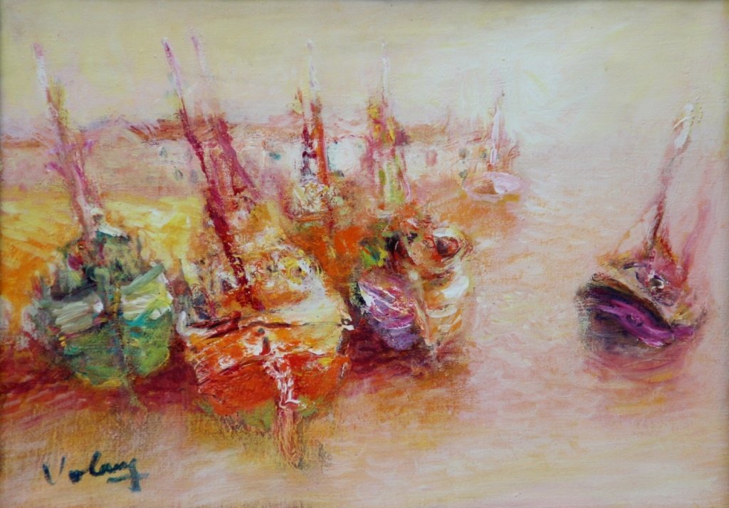 Jean VOLANG (1921-2005) "Les barques folles" Huile sur: Jean VOLANG (1921-2005) "Les barques folles" Huile sur toile. Signé en bas à gauche. Titré au dos 32 x 44,5 cm
