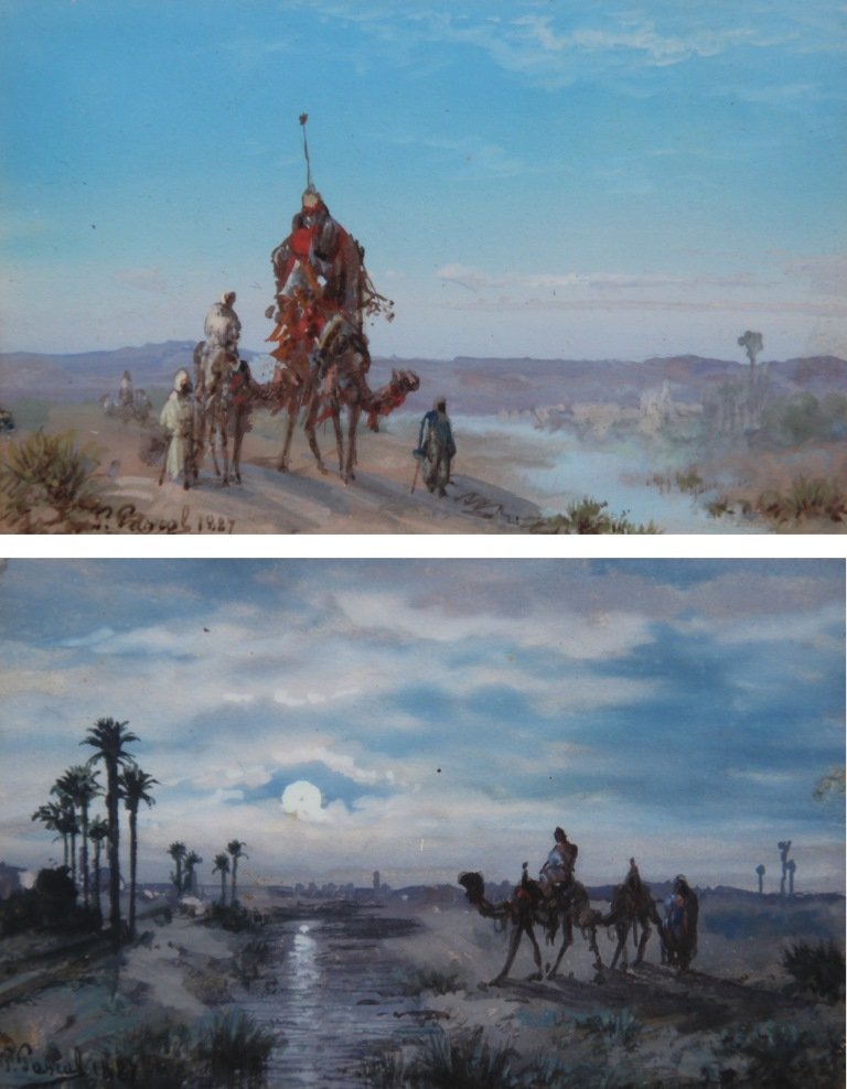 Paul PASCAL (1867-?) Le jour et la nuit en Orient -: Paul PASCAL (1867-?) Le jour et la nuit en Orient - 1887 Paire de gouaches sur papier. Signé et daté en bas à gauche (chaque) 7 x 10,5 cm (chaque)