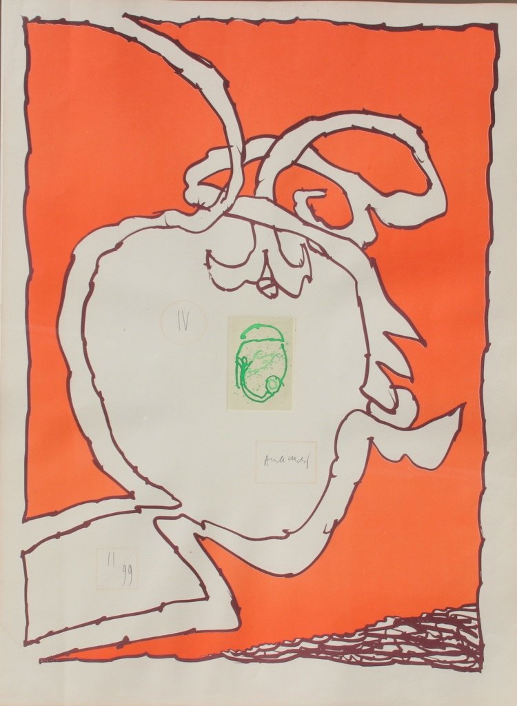 Pierre ALECHINSKY (né en 1927) Composition sur fond: Pierre ALECHINSKY (né en 1927) Composition sur fond orange Lithographie en couleurs sur papier. Signé vers le centre (hors planche) Numéroté 11/99 75 x 55 cm