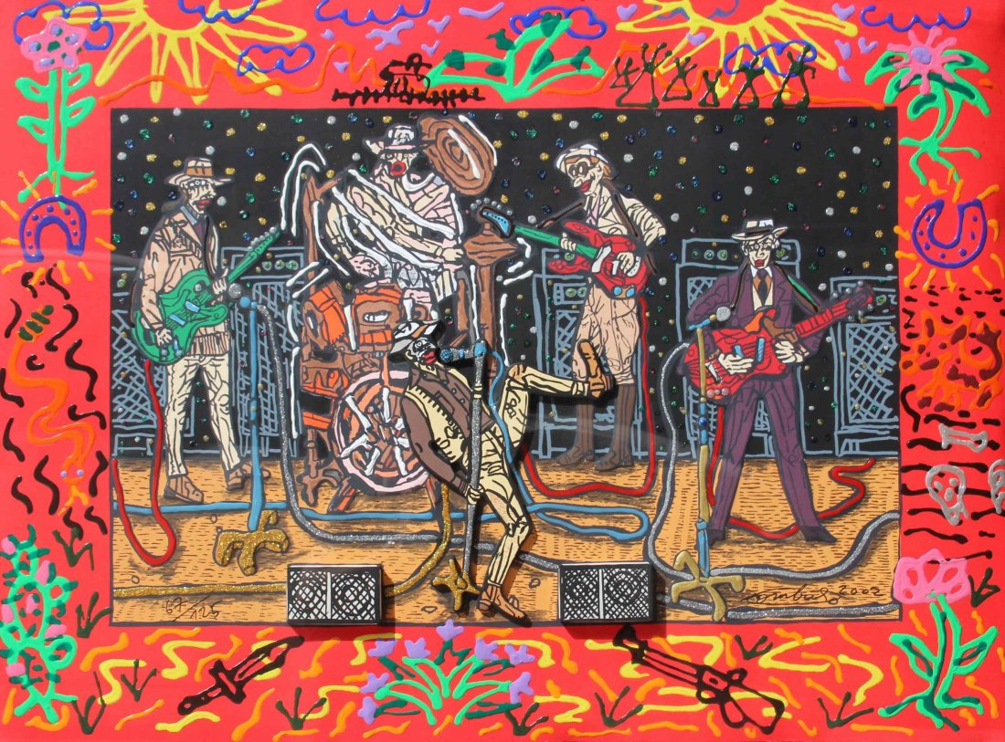 Robert COMBAS (né en 1957) Groupe de country, 2002: Robert COMBAS (né en 1957) Groupe de country, 2002 Technique mixte (sérigraphie, collage et paillettes sur papier gauffré) Numéroté 67/125 Signé et daté en bas à droite 87 x 113 cm