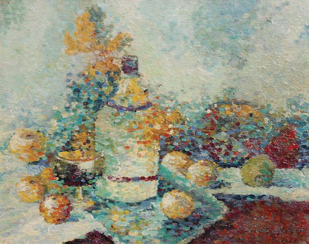 Lucie COUSTURIER (1870-1925) Fruits et bouteille Huile: Lucie COUSTURIER (1870-1925) Fruits et bouteille Huile sur carton toilé. Signé en bas à droite 40 x 50 cm