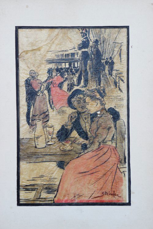 Théophile Alexandre STEINLEN (1859-1923) Scène de: Théophile Alexandre STEINLEN (1859-1923) Scène de cabaret parisien Encre et aquarelle sur papier calque Signé en bas à droite - 26 x 16 cm