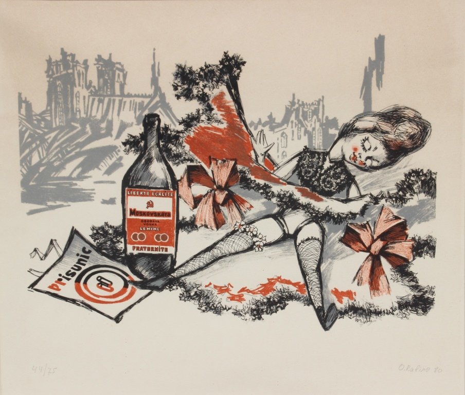 Oscar Yakovlevich RABIN (1928) La danseuse à la: Oscar Yakovlevich RABIN (1928) La danseuse à la bouteille de Vodka - 1980 Lithographie en couleurs sur papier. Signé et daté en bas à droite . Numéroté 44/75 en bas à gauche 51 x 44 cm
